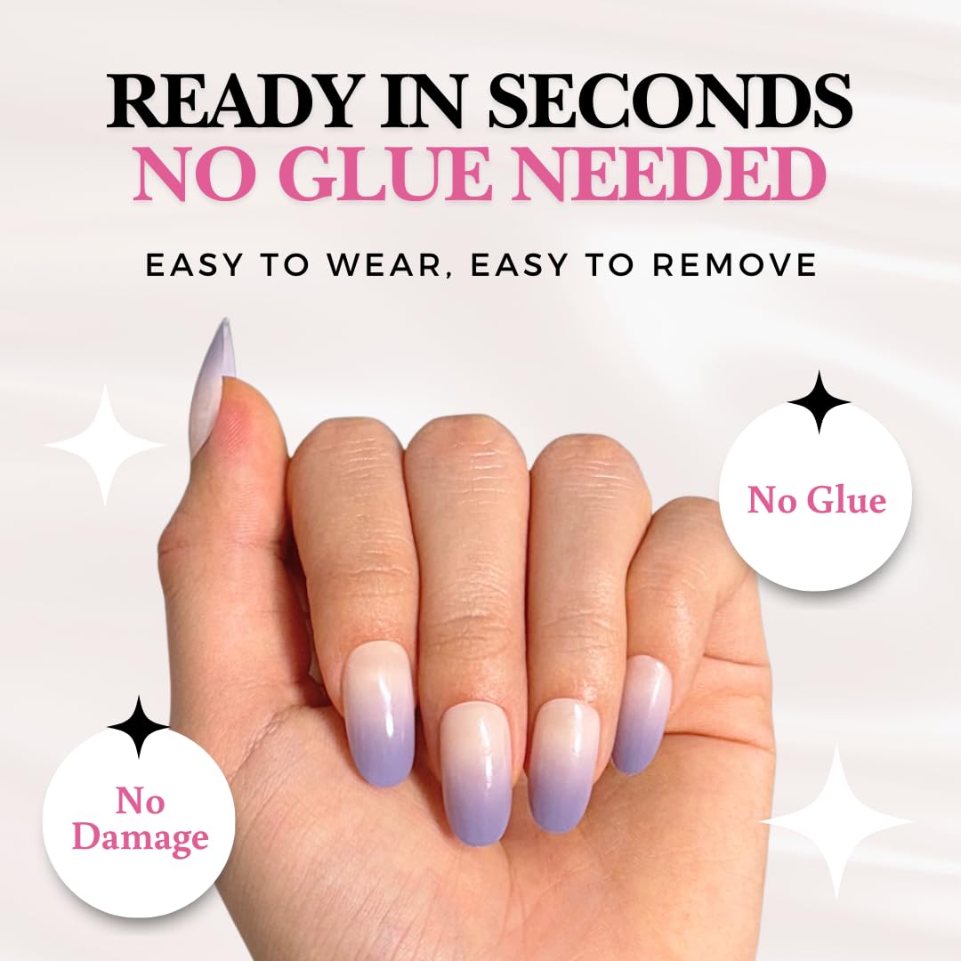 Perfect Look Press On Nails - Lavender Mist | No Glue One-Day Short Oval Nails, Nude to Purple Ombre Glossy Nails - 24 Pcs Nail Kit with Adhesive Tabs