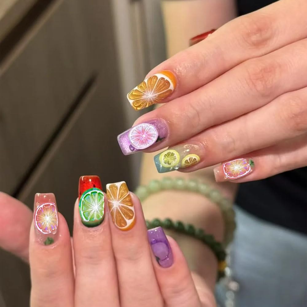 5D Embossed Fruit Nail Art Stickers, Lemon Kiwi Design, Colorful Summer Nail Decals, 2 Pieces