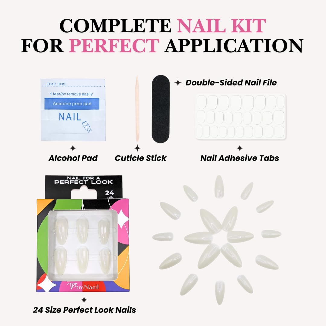 Perfect Look Press On Nails - Glazed Pearl | No Glue One-Day Medium Almond Fake Nails, Sheer White Nails with Gloss Finish - 24 Pcs Nail Kit with Adhesive Tabs
