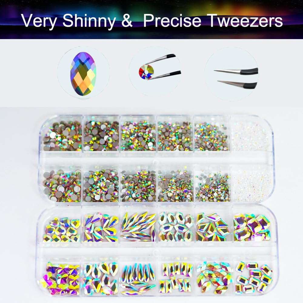 2680Pcs AB Nail Rhinestones, Big Colorful AB Nail Charms, Diamond Gems Stones with 2560Pcs AB Flatback Round Beads, Clear Acrylic Colored Glass Jewelry for Nails Faces Eyes Makeup Decoration