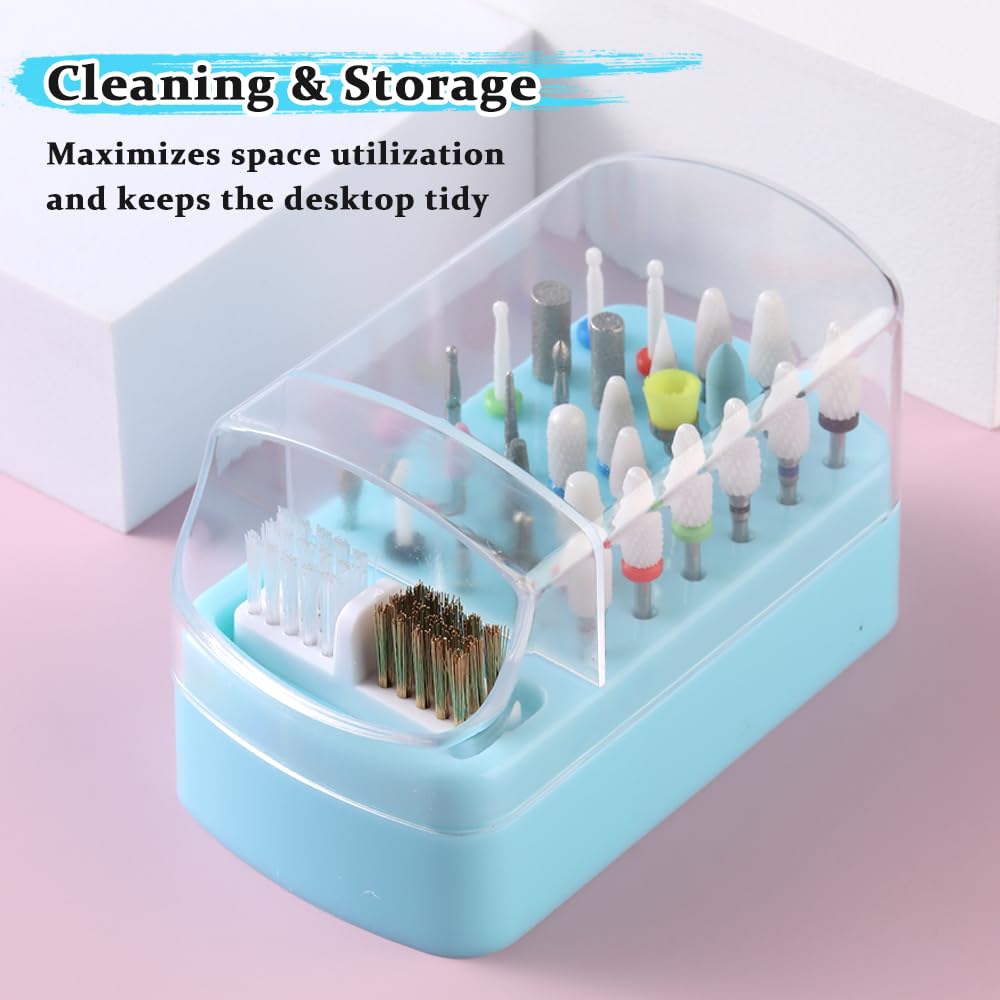 2 in 1 Nail Drill Bit Holder & Cleaner Brush Case, 30 Holes Dustproof Stand Display Organizer Container, Steel Wire & Nylon Double Brush for Cleaning Tungsten Carbide Ceramic Nail Drill Bits Cuticle