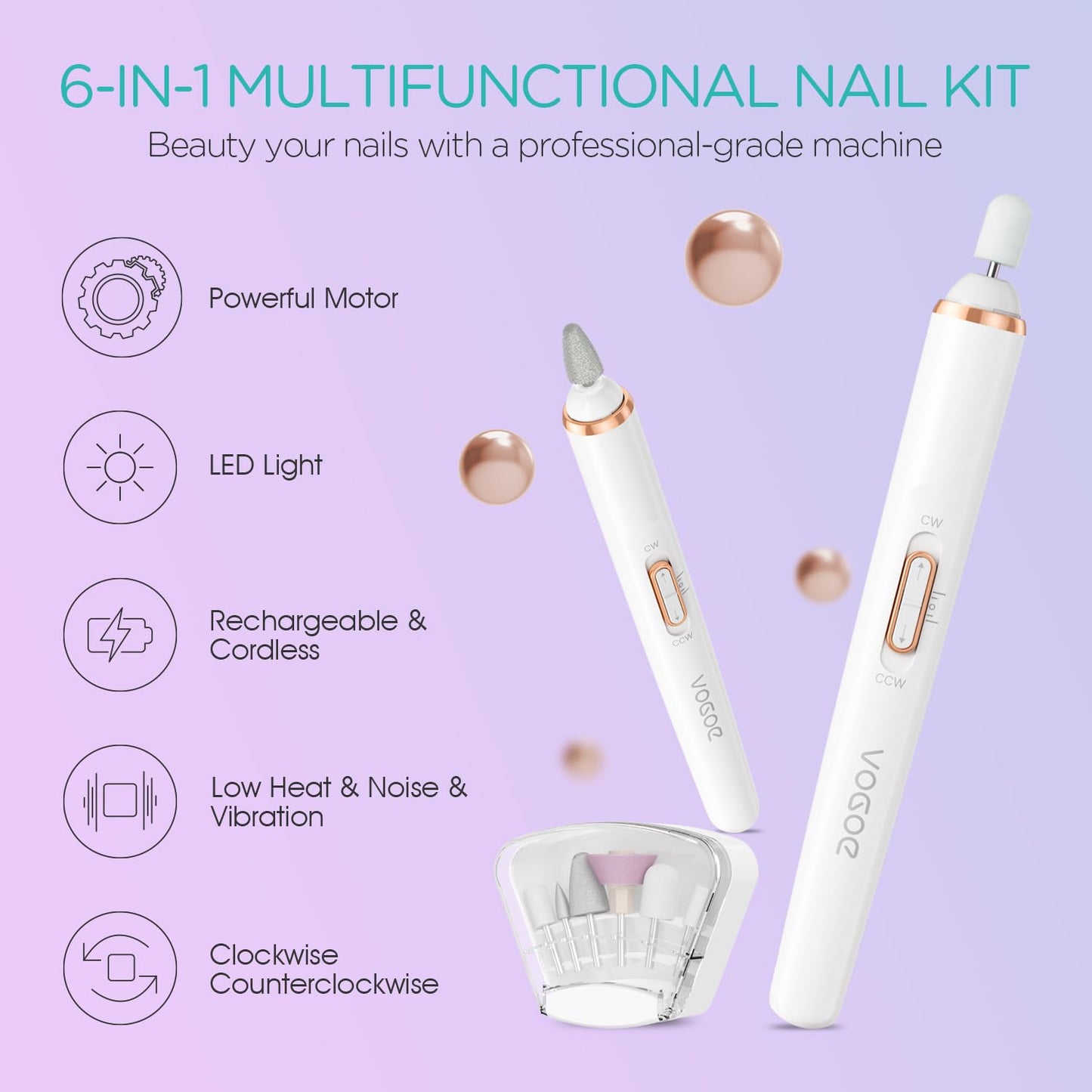 Electric Nail Drill, Cordless Nail File Machine Kit 2 Directions & Speeds for Acrylic, Gel Nails, Rechargeable with LED & 6 Nail Drill Bits for Professional Manicure and Pedicure,Gold ND310