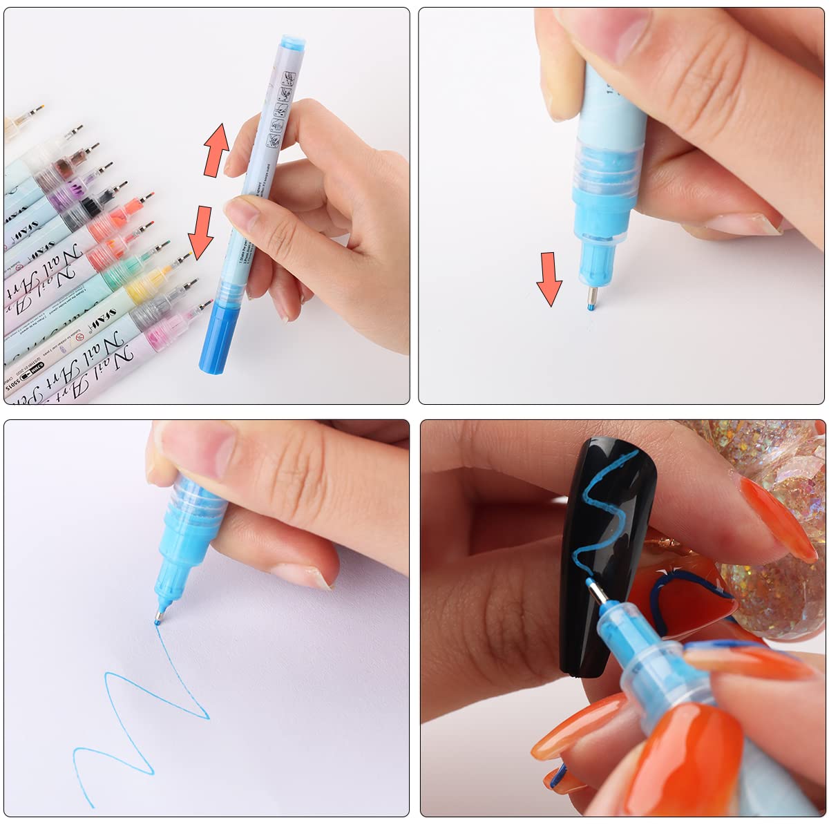 Nail Art Graffiti Pen Set 12Pcs Waterproof Painting Marker Pen Black White Drawing Gel Liners Quick Dry Dotting Pen Nails Professional Material For Manicure
