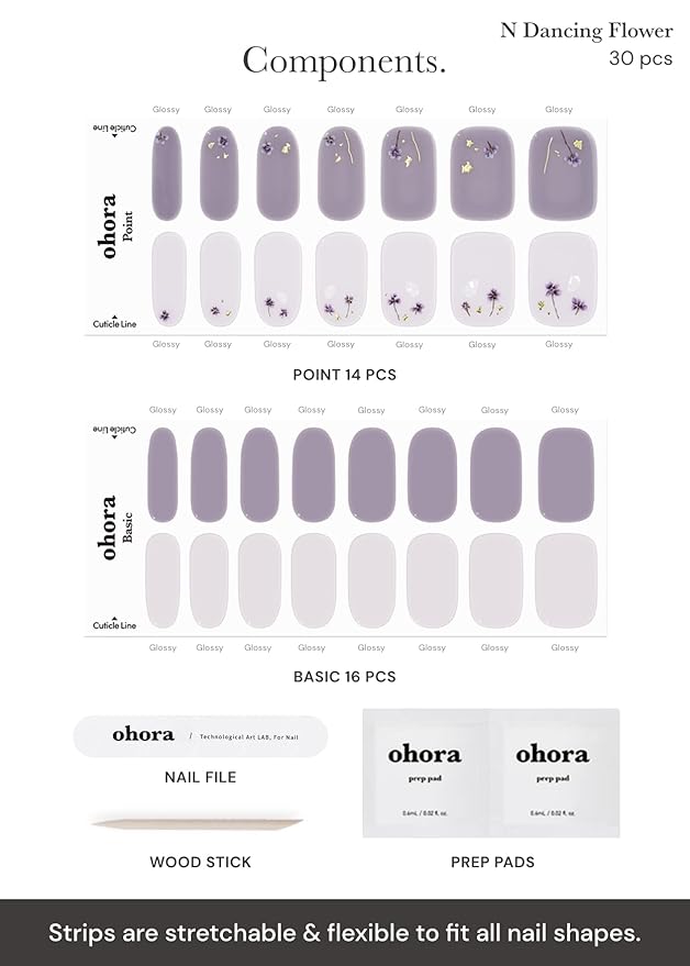 ohora Semi Cured Gel Nail Strips (N Dancing Flower) - White Works with Any UV/LED Lamps, Salon-Quality, Long Lasting, Easy to Apply & Remove - Includes 2 Prep Pads, Nail File & Wooden Stick