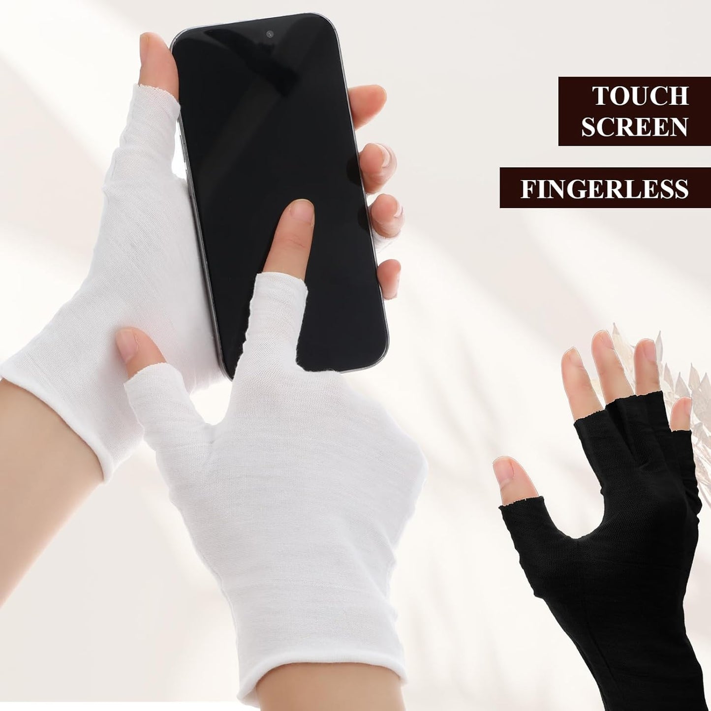7 Pairs 100% Cotton Gloves, Black Breathable Moisturizing Night Glove for Dry Hands & Overnight Care, Fingerless Design Touchscreen-Friendly Gloves for Women & Men