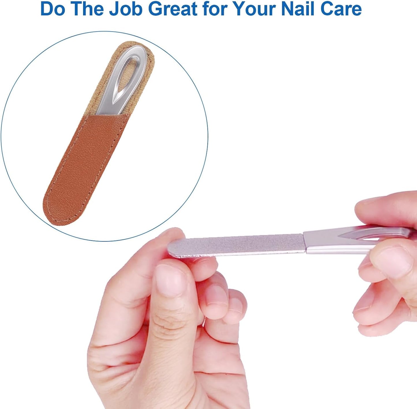 Metal Nail File with Case, 2 Pack Nail Files for Natural Nails, Fingernail Files Diamond Round Tip Stainless Steel Double Sided Fine Grit Sapphire Filer with Sheath Leather Cases Travel Silver Brown