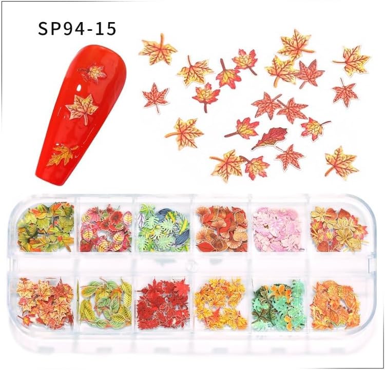 300Pcs 3D Flower Nail Art Charms Sequins Decals Colorful Mixed Maple Leaves Design Slice Nail Flowers Ultra Wood Pulp Flakes Sequins 5