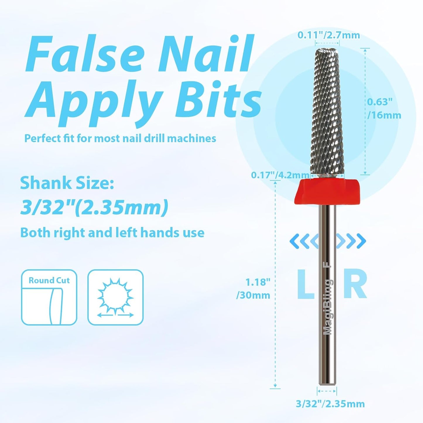 16mm 5 in 1 Nail Drill Bits for False Nail Apply, 3/32'' Tapered Tungsten Carbide Professional Bit, Slender Bit for Corners, Left & Right Hand Use, Manicure Cuticle Gel Polishing, Fine.