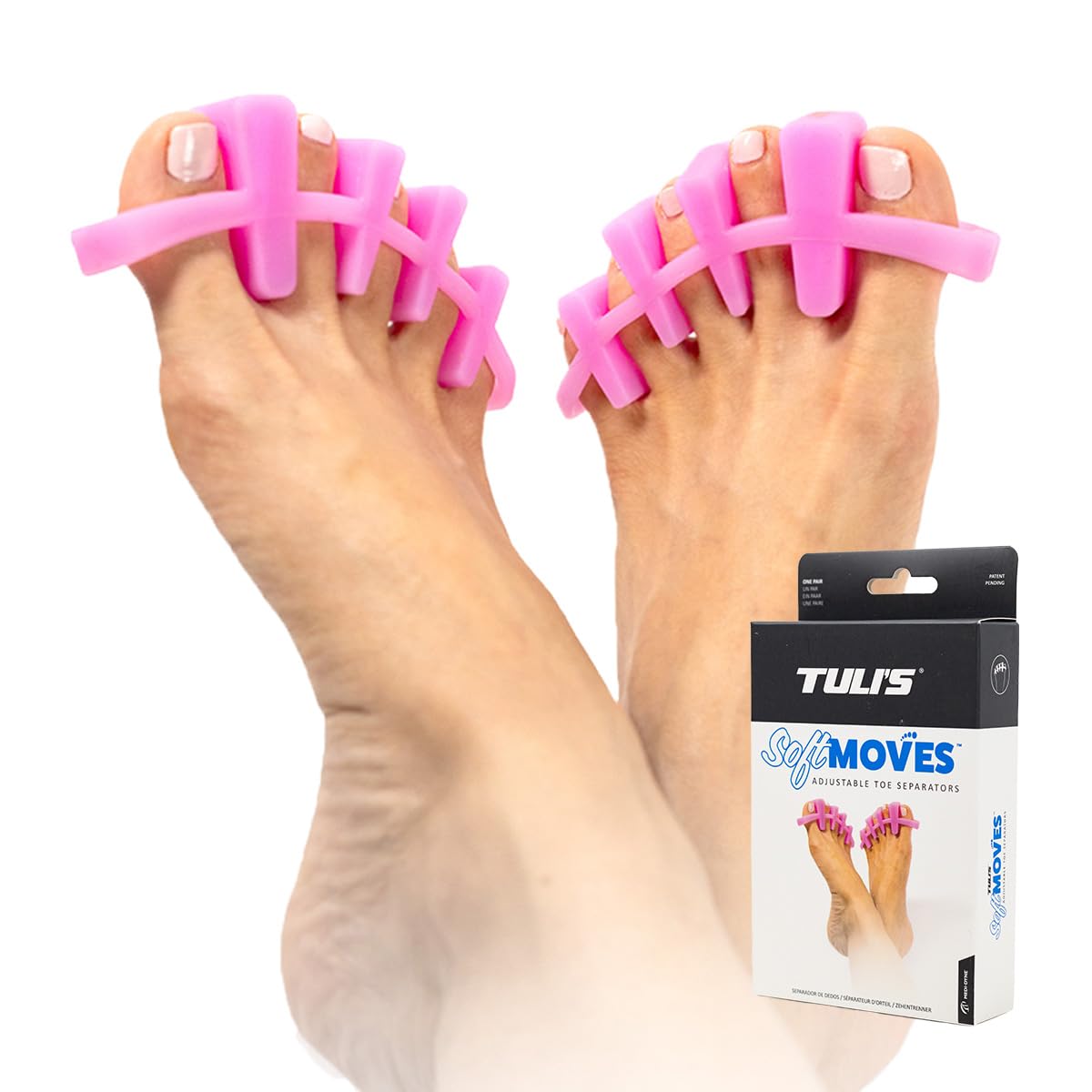 Tuli’s Soft Moves Adjustable Toe Separators, Silicone Toe Spacers for Alignment, Bunions, Hammertoes, Plantar Fasciitis, Yoga, Morton’s Neuroma, and Foot Health, One Size Fits All, Pink
