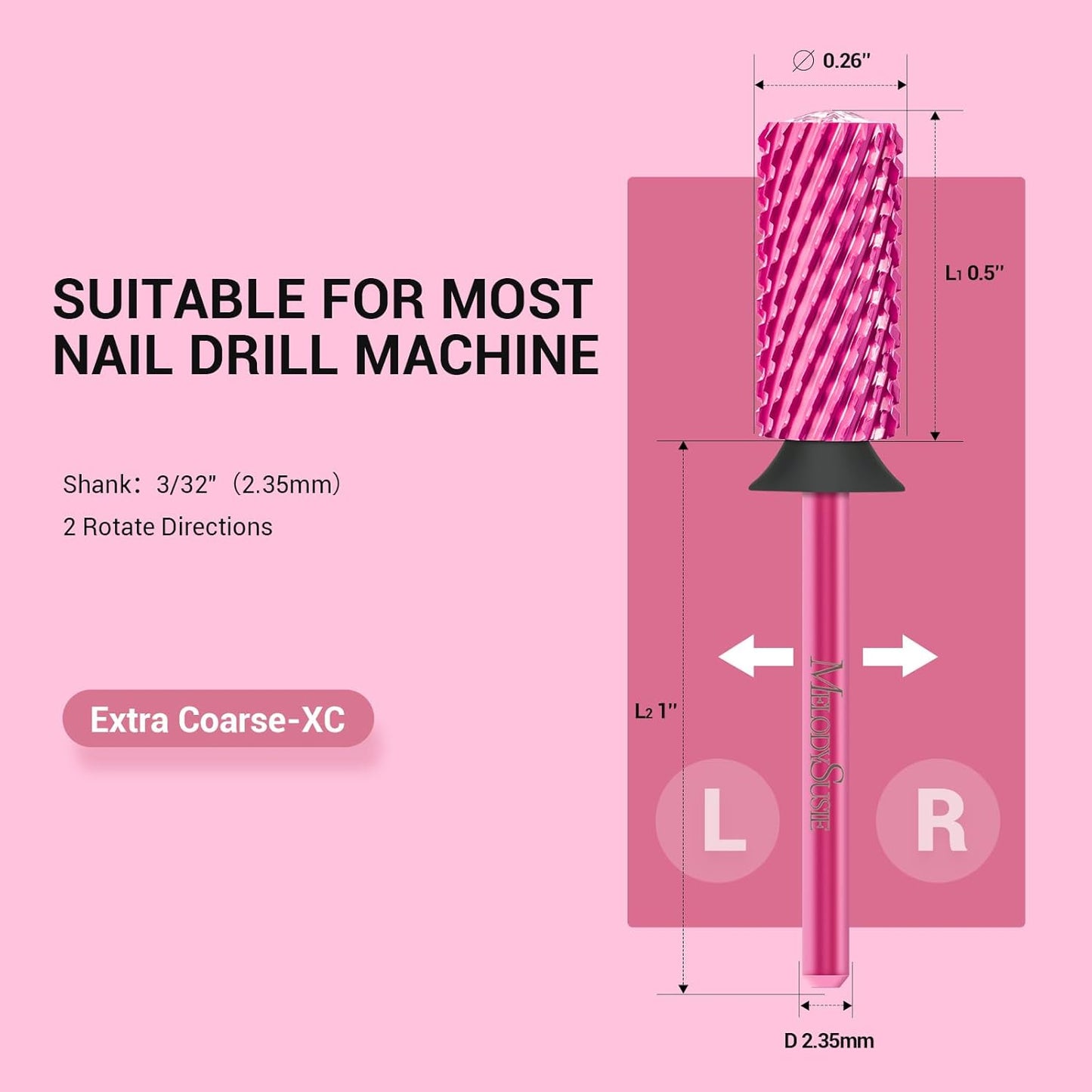 MelodySusie Large Barrel 3/32'' Tungsten Carbide Nail Drill Bit, Crystal Top Pink Heart Shape, Fast Remove Acrylic Gel, Cuticle Gel Polishing for Manicure Pedicure, Pink Blossom, Series Bit-S, XC