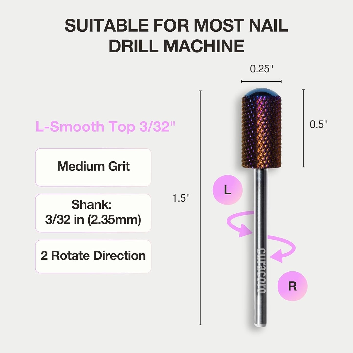 Curacoro Nail Drill Bits 3/32'' - L-Shaped Smooth Stop Barrel Carbide Bit (Medium) for Professional Finish, Refine & Smooth Acrylic or Gel Nails, Nail Art Pedicure Manicure Salon & Home