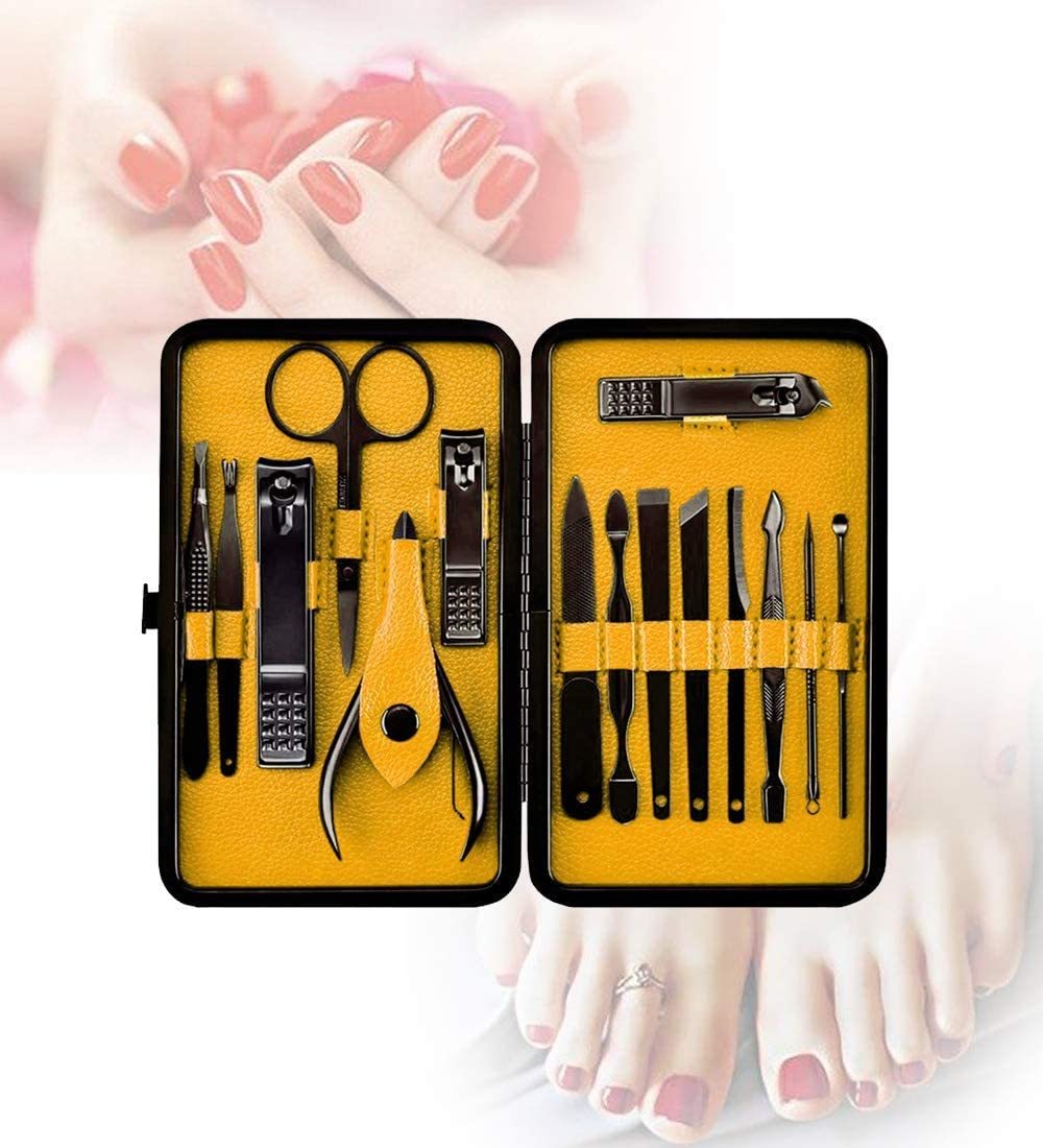 Nail Clippers Sets High Precisio Stainless Steel Nail Cutter Pedicure Kit Nail File Sharp Nail Scissors and Clipper Manicure Kit Fingernails & Toenails with Portable Stylish case (Yellow 15-Pieces)