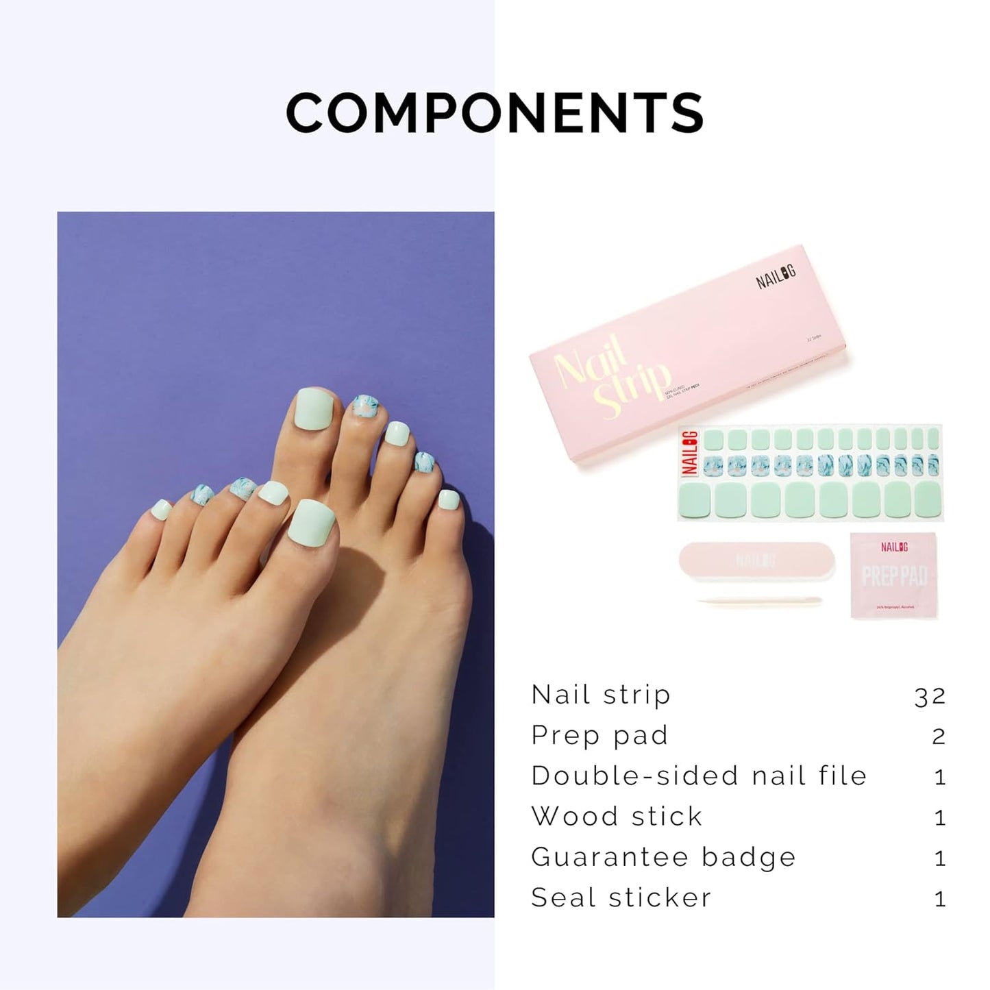 NAILOG Semi Cured Gel Nail Strips, Toe Nail Polish Strips with Glossy Gel Finishing | Buy 3 Get 1 UV Lamp| 32 Pieces Long Lasting Pedi Stickers| Baby Blue