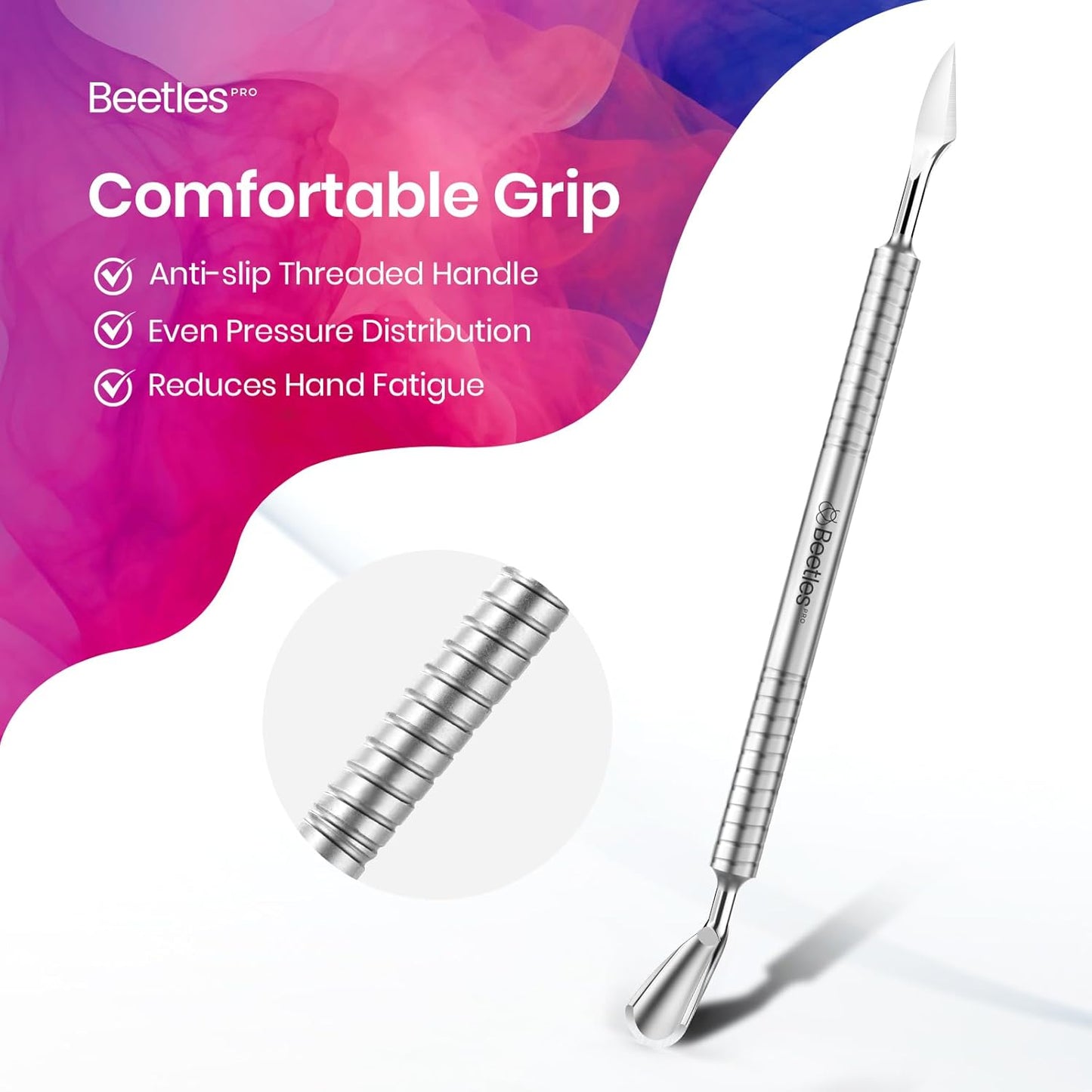 Beetles Pro 1-Pcs Dual-Ended Cuticle Pusher, Professional Horseshoe 11mm and Angled Blade 13mm Precise Cuticle Care, Stainless Steel Handle Nail Tools for Nail Art Prep – Salon Quality Manicure Tool