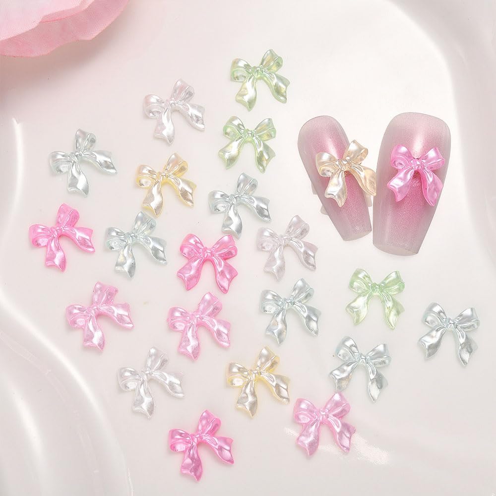 100PCS Bow Nail Charms, 3D Cute Colorful Bow Colorful Aurora Flat Back Manicure Decorations for Nail Jewelry DIY Crafts