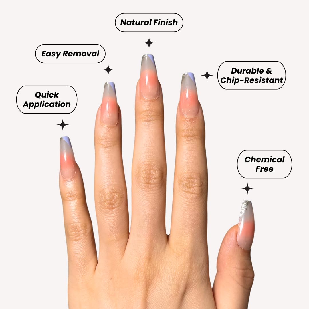 Perfect Look Press On Nails - Twilight Blush | No Glue One-Day Medium Coffin Nails, Peach Ombre with Purple French Edge - 24 Pcs Nail Kit with Adhesive Tabs
