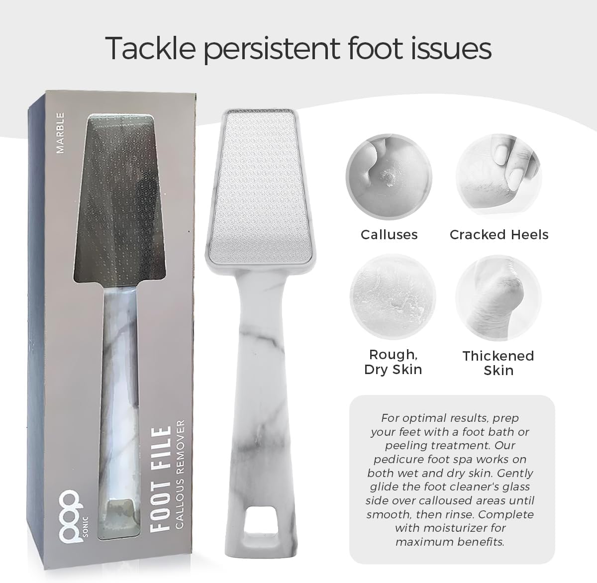 Pop Sonic Nano Glass Foot File (1 Unit) | Foot Callous Removal for Smooth, Soft Feet | Foot Scraper for Dead Skin Remover | Perfect Pedicure Tools at Home or Salon Use (Marble)