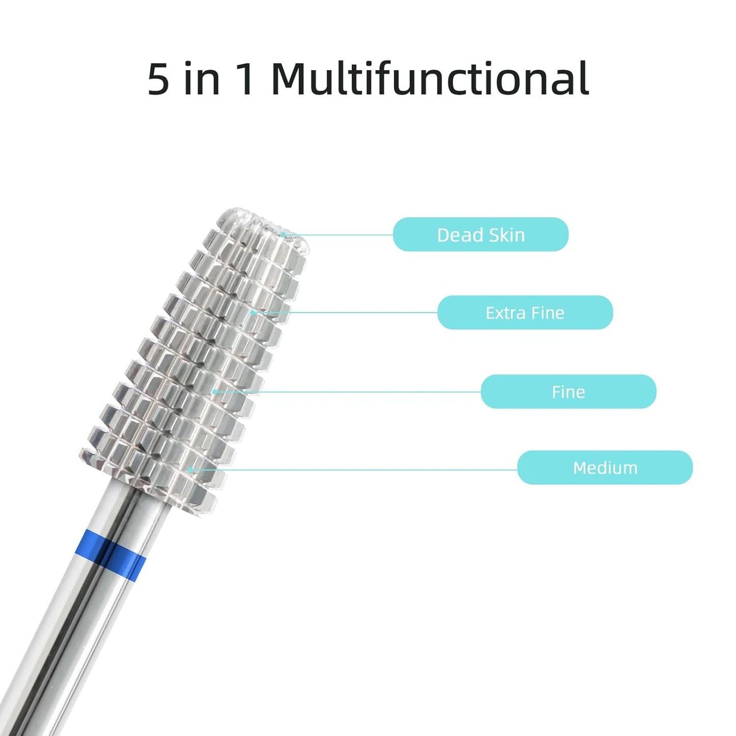 Mini 5 in 1 Nail Drill Bit, 10mm Tapered Drill Bits for Nails, 3/32" Two-way Professional Safety Carbide Nail Bits, Electric Manicure Acrylic Gel Polish Cuticle Clean Removal Tool, Medium