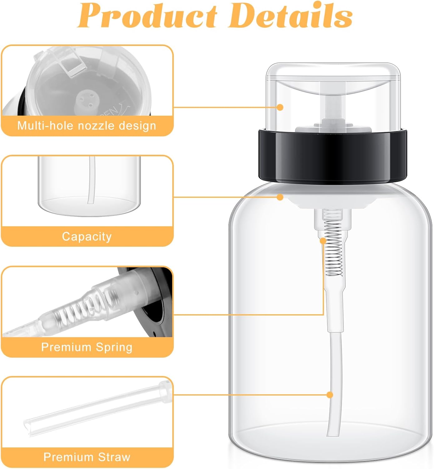 Yungyan 12 Pcs Pump Dispenser Bottle for Nail Polish 6.8 oz Push Down Pump Dispenser Empty Lockable Alcohol Bottles Containers for Makeup Remover, Alcohol, Acetone, Liquid, Travel, Black White Top Cap