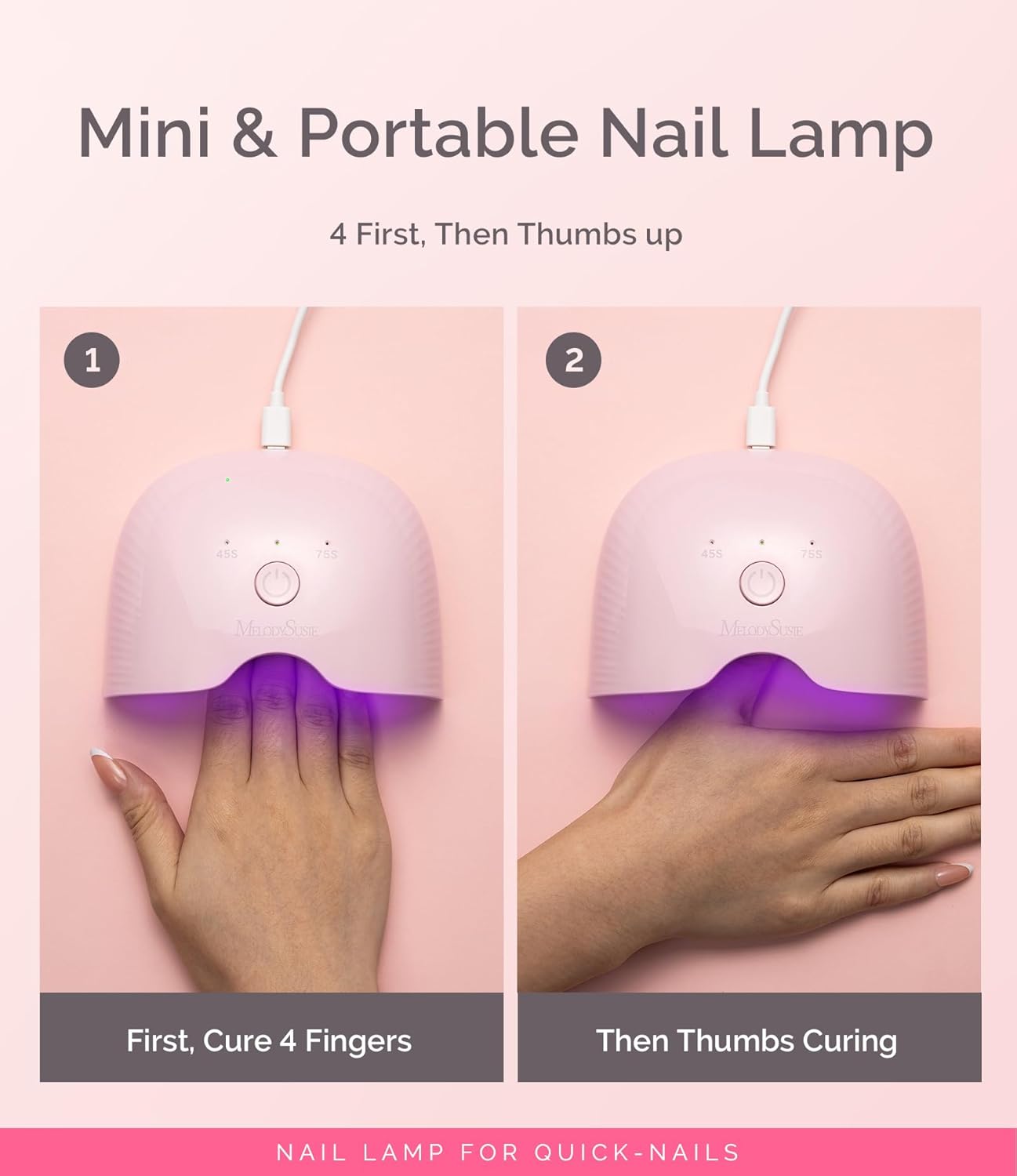 MelodySusie Small LED UV Nail Lamp with Lightweight Design, P-ART06F Nail Dryer with Simple Button Control Cures All Soft Gels at Home, Especially Half-Cured Gel, Base Coat & Top Coat Pink