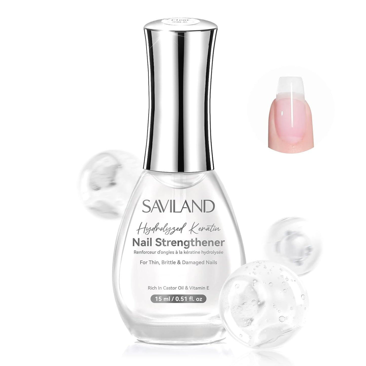 SAVILAND Advanced Nail Strengthener: Clear Air Dry Nail Growth for Damaged Nails Fingernail Polish Strengthening Repair Weak & Thin Nails Treatment with Castor Oil & Vitamin E 15ml Women Gift