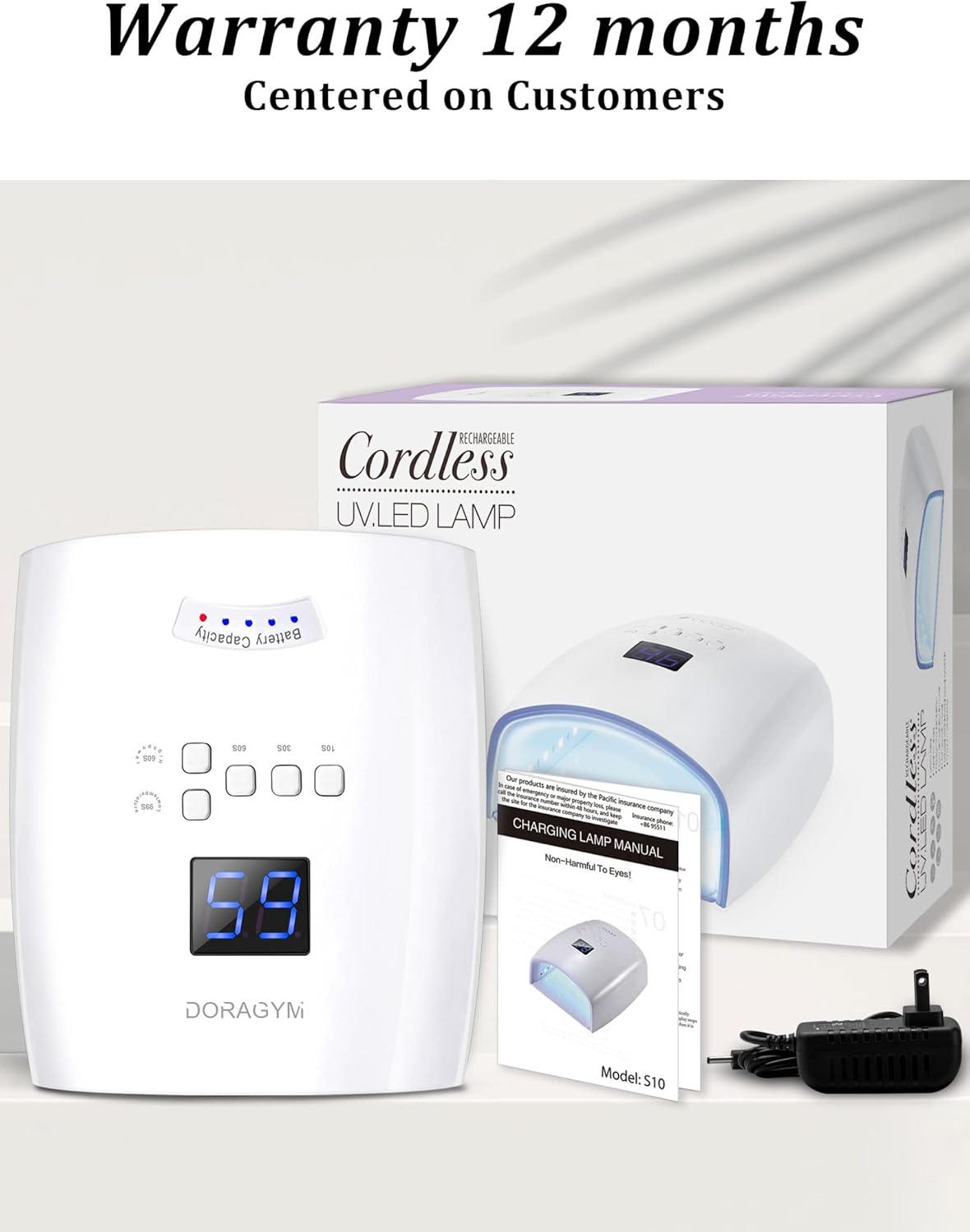 UV LED Nail Lamp, Cordless Gel Polish Dryer for Professional Gel Manicures - White