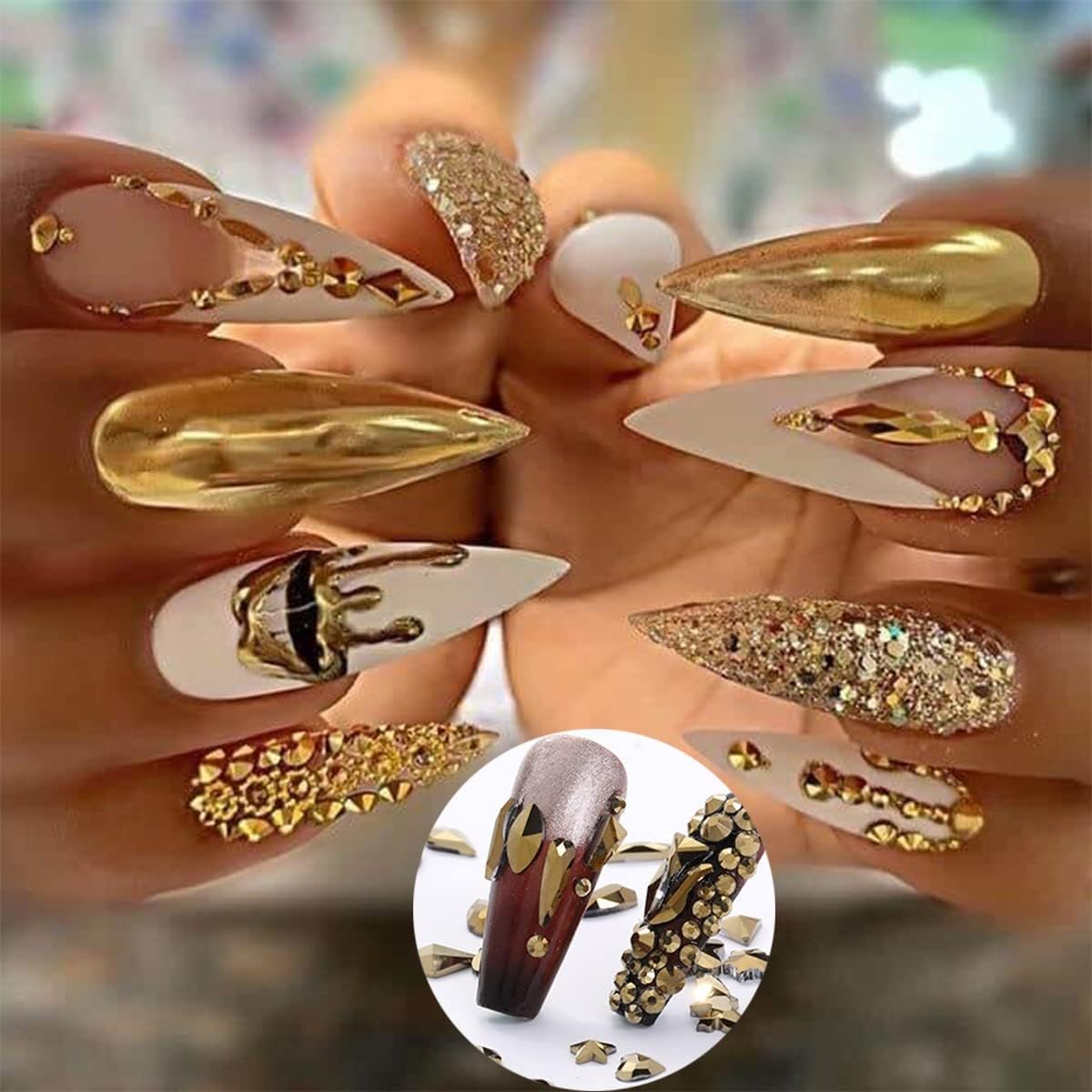 4010pcs Mine Gold Nail Art Rhinestones Kit Makeup Glue Fix Flatback Rhinestones Metallic Golden Nail Charms 6 Sizes (1.6-6.1mm) Up to SS30 Round Nail Gems Stones w Picking Pen for Nail Eye Face Makeup