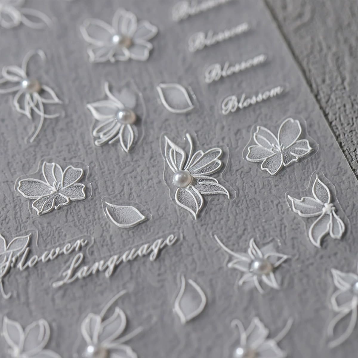 5D Embossed Flower Nail Stickers White Floral Nail Art Stickers Self-Adhesive Pearls Nails Decalsb Spring Summer Nail Art Design Supplies for Women Girls Nails Manicure Decoration