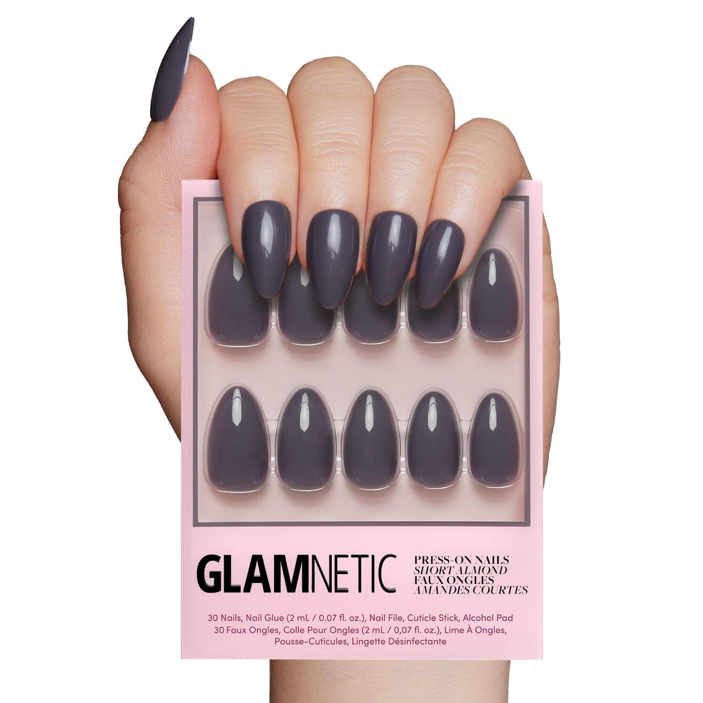 Glamnetic Press On Nails - Ash Gray | Opaque Muted Smoke Gray Short Almond Fake Nails, Salon Quality | 15 Sizes - 30 Nail Kit
