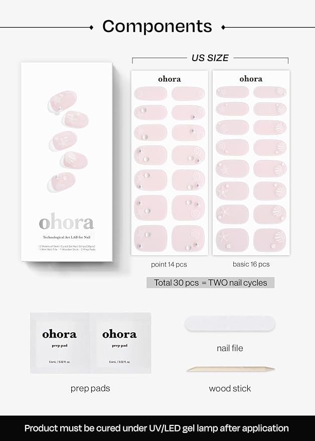 ohora Semi Cured Gel Nail Strips (N Seashell Love) - Works with Any Nail Lamps, Salon-Quality, Long Lasting, Easy to Apply & Remove - Includes 2 Prep Pads, Nail File & Wooden Stick