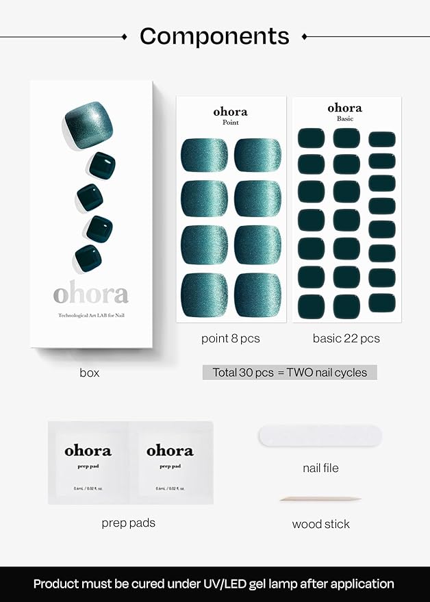 ohora Semi Cured Gel Pedi Strips (P Cressida) - Green, Glitter, Works with Any UV/LED Lamps, Salon-Quality, Long Lasting, Easy to Apply & Remove - Includes 2 Prep Pads, File & Wooden Stick