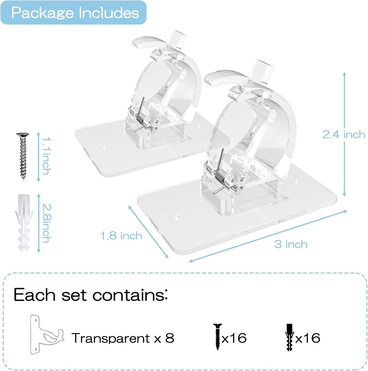 CIEMGNZOC 8PCS No Drill Curtain Brackets, Nail Free Adjustable Curtain Hooks for Rods Under 1.57 Inch (Transparent)