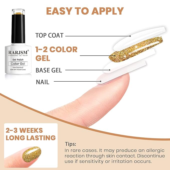 Glitter Gel Nail Polish, Gold Diamond Gelpolish Spark Shiny Nail Art Soak Off U V L E D Lacquer Gel Nail Starter Manicure Salon DIY at Home RAR82