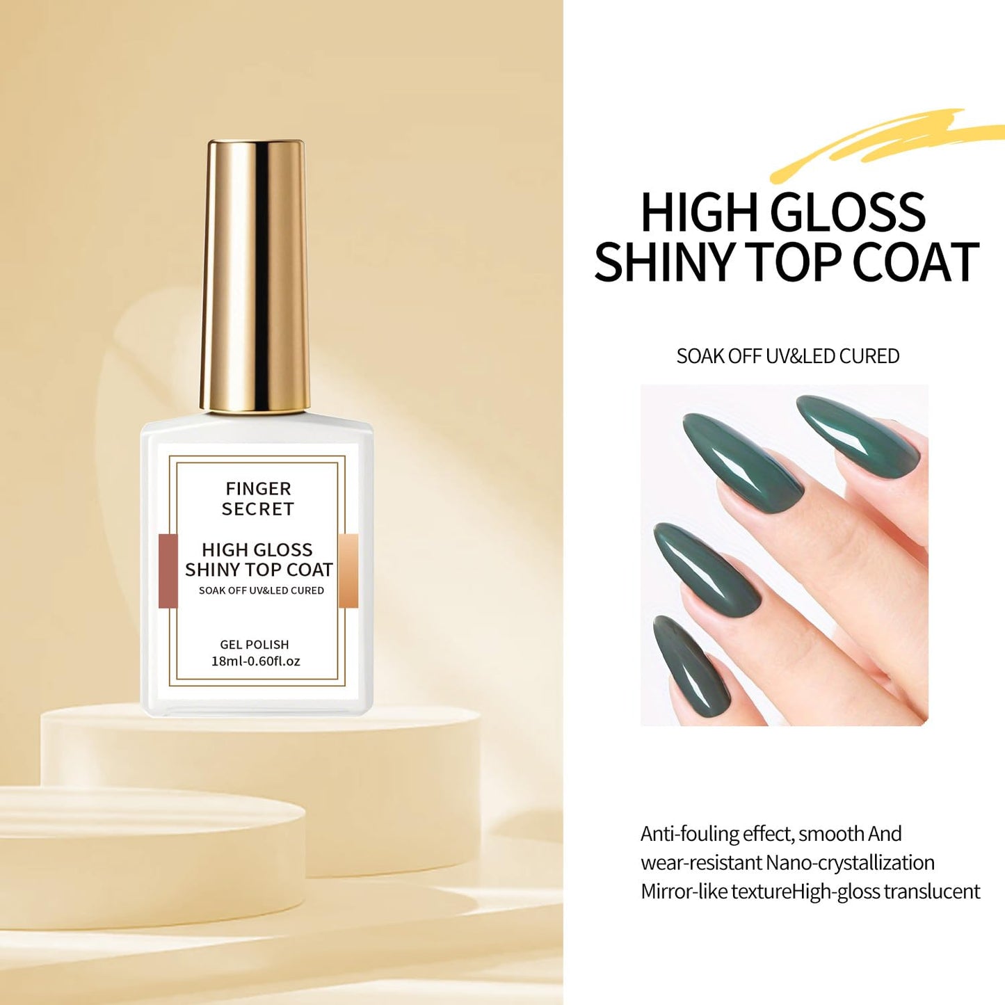 Golden Shiny High Gloss Top Coat - Crystal Sealant with Golden Luster, Clear Gel Nail Polish & Dip Powder Top Coat, Ultra-Glossy & Fast-Drying, 18ml/0.6floz