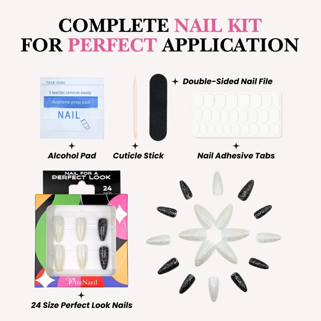 Perfect Look Press On Nails - Star Dust | No Glue One-Day Long Almond Nails, White and Black Glitter with Glossy Finish - 24 Pcs Nail Kit with Adhesive Tabs