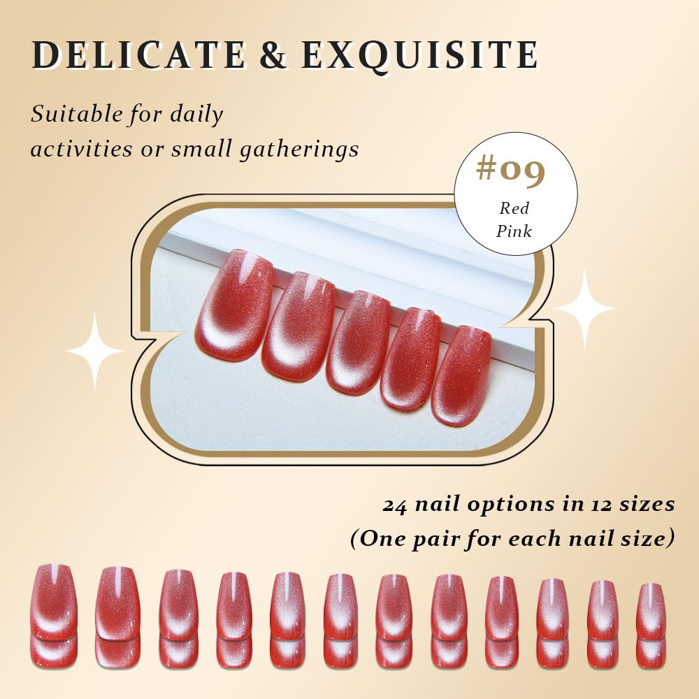 evpct Red Pink Cat Eye Coffin Press on Nails Square Medium, Medium Square Glue on Nail for Women Gift, Red Pink Metallic Glitter Glossy Reusable Summer Soft Gel Press on Acrylic Fake Nail with Designs
