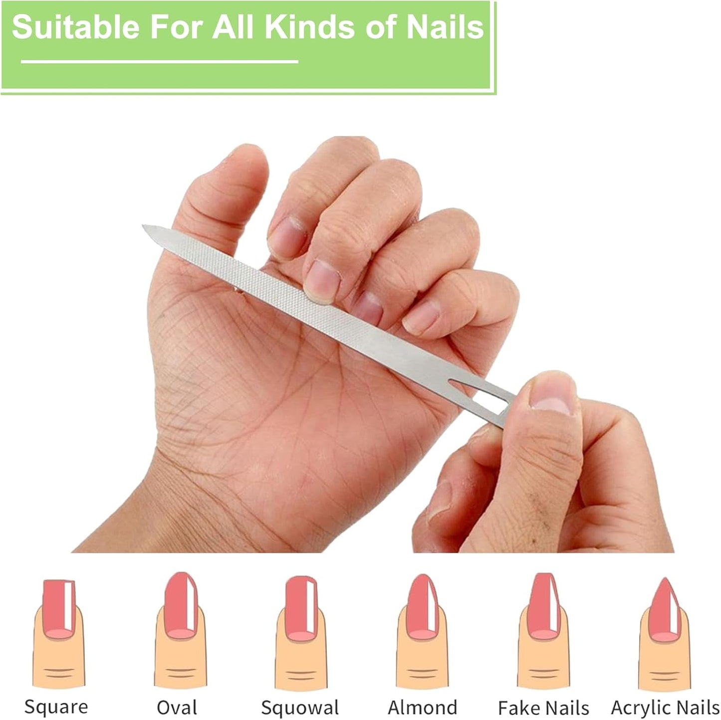 6 Pack Stainless Steel Nail File with Sharp Pointed Tip, Double Sided Metal Diamond Nail Filer for Natural Nails, Manicure Pedicure Tool for Salon Home Travel - 5.5 Inch