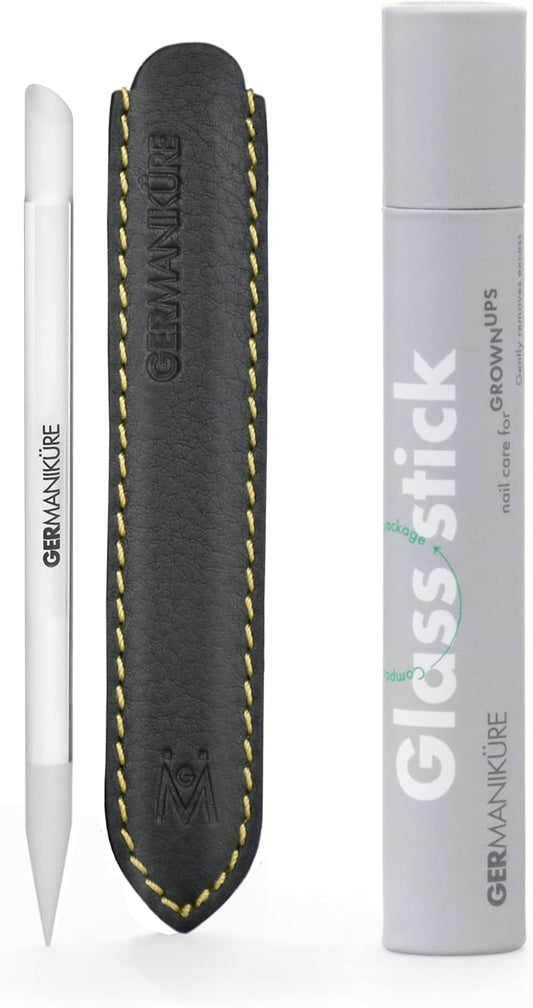 GERMANIKURE Clear Glass Cuticle Stick in Leather Sleeve - Ethically Made in Czech Republic - Cuticle Pusher & Remover, Callous & Dry Skin Fingertip File, Nail Shaper