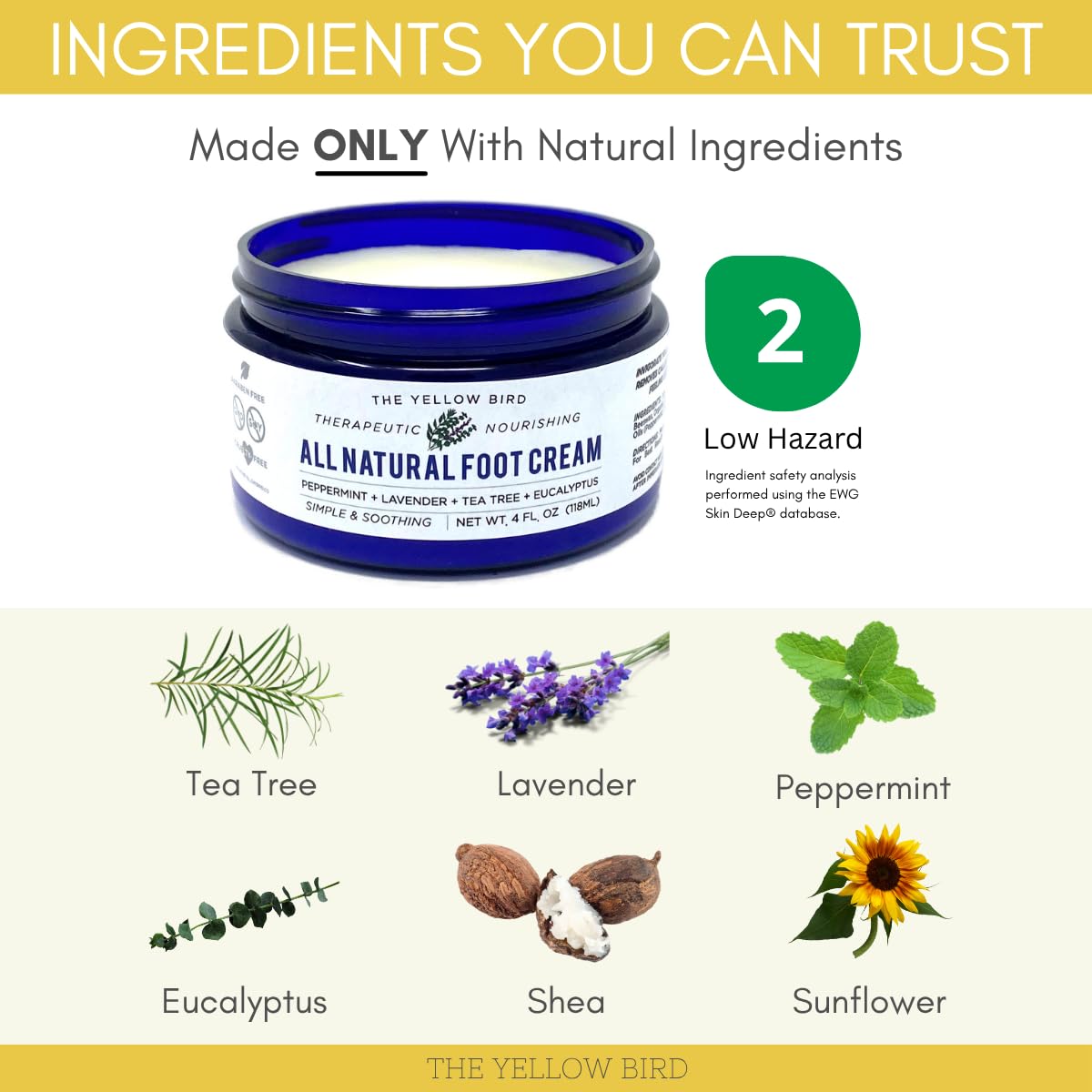 Yellow Bird Natural Tea Tree Foot Cream & Organic Foot Balm for Dry, Cracked Feet & Heels – Peppermint Moisturizer for Athlete’s Foot Relief and Intensive Callus Repair Treatment Salve – Made in USA