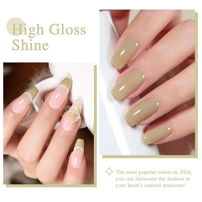 Jelly Grass Green Gel Nail Polish, 15ml Sheer Translucent Soak Off Gel Polish, UV Light Cure for Nail Art DIY