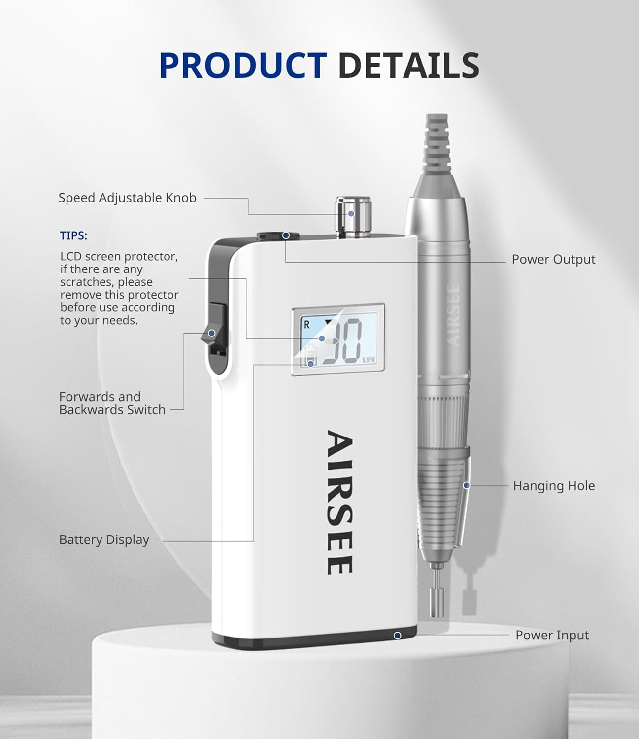 AIRSEE Rechargeable 30000RPM Electric Nail Drill Professional Portable E File Machine for Acrylic Nail Natural Extension Gel Nails Polish Cuticle, Cordless High Speed for Salon Home Use E8 White