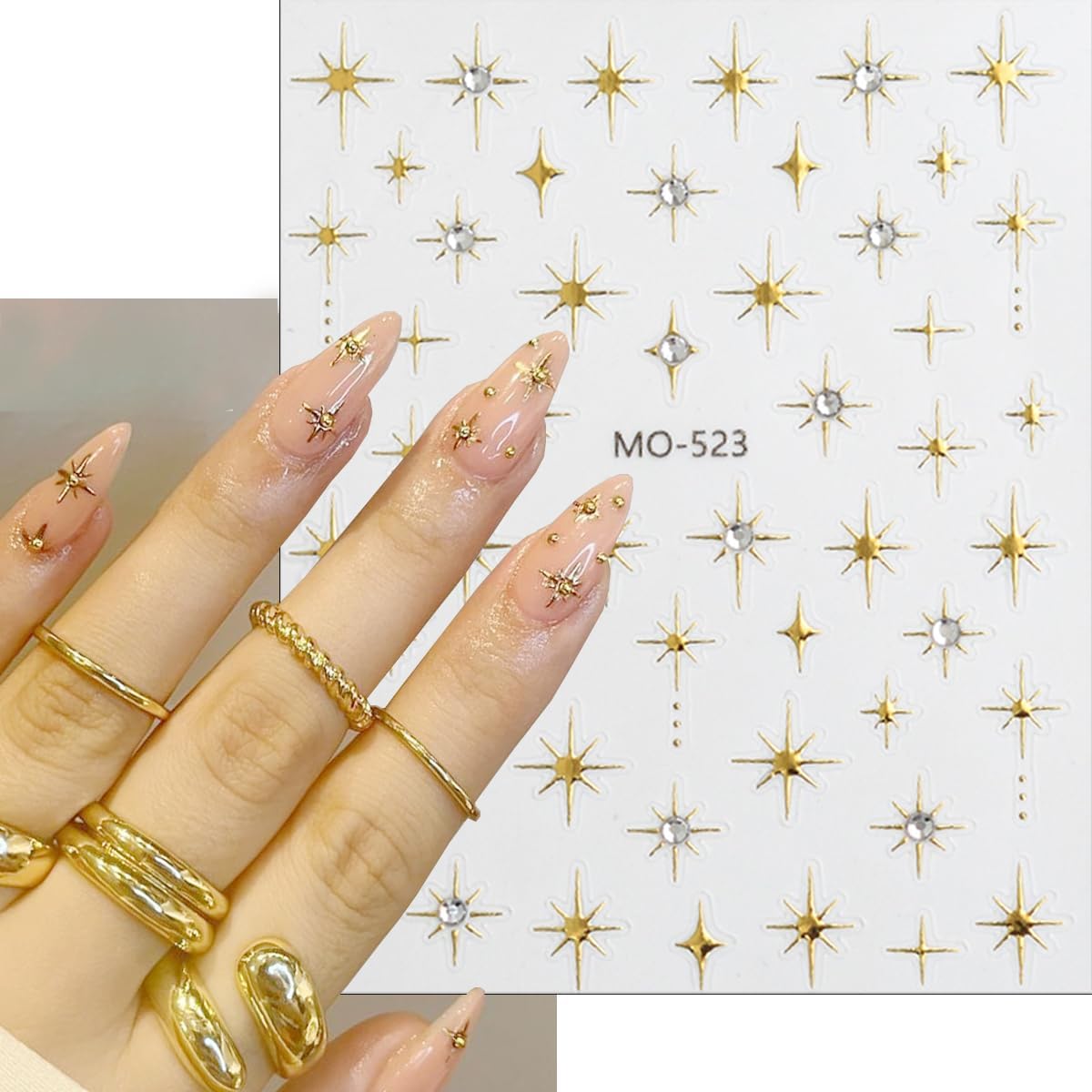 4Pcs Glitter Star Nail Stickers French Tip Nail Art Stickers with Rhinestones Design Star Sticker Gold Silver French Stars Nails Decals DIY Starlight Nails Supplies for Women Frenchs Manicure Charms