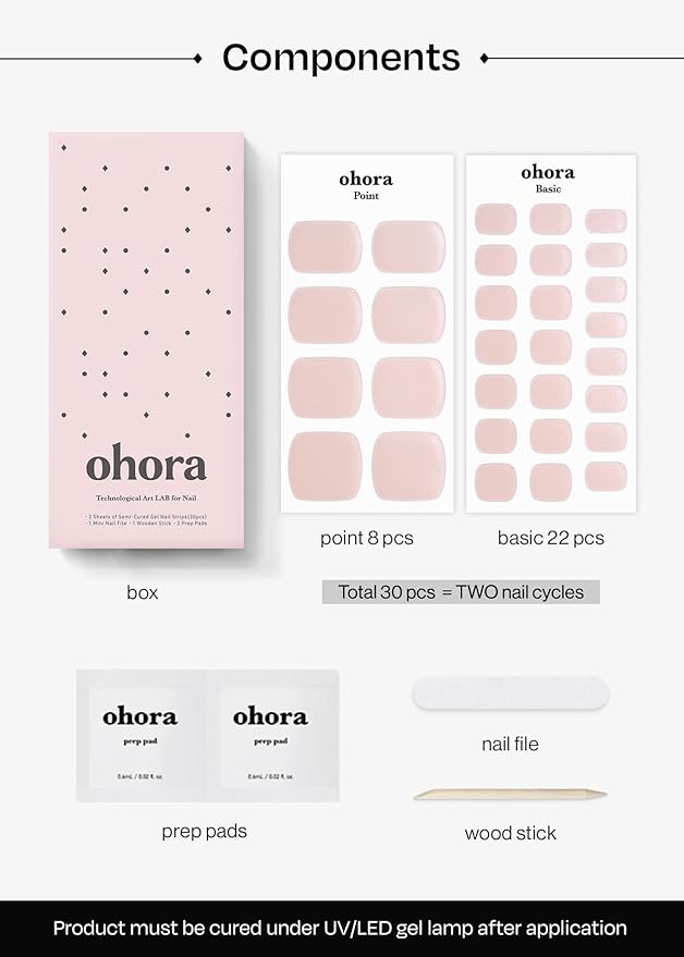 ohora Semi Cured Gel Pedi Strips (P Glassy) - Works with Any Nail Lamps, Salon-Quality, Long Lasting, Easy to Apply & Remove - Includes 2 Prep Pads, Nail File & Wooden Stick