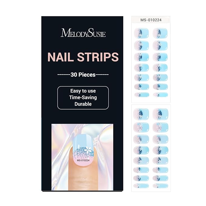 MelodySusie 30PCS Semi Cured Gel Nail Strips (Blue Glitter French Tips), Works with Nail lamp, Salon Quality, Long Lasting, Easy to Apply and Remove, Includes 2 Prep Pads, Nail File and Wooden Stick