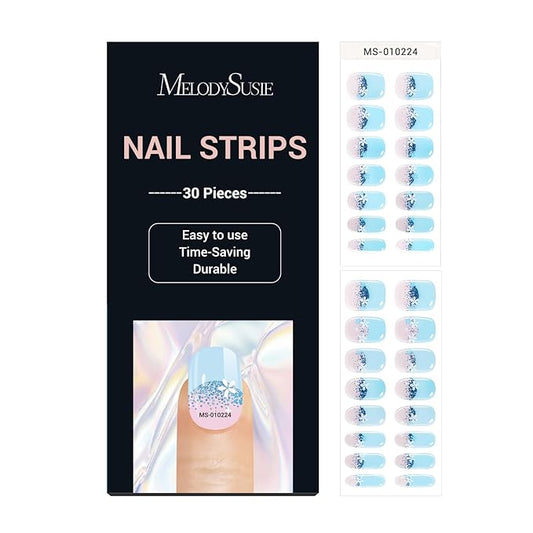 MelodySusie 30PCS Semi Cured Gel Nail Strips (Blue Glitter French Tips), Works with Nail lamp, Salon Quality, Long Lasting, Easy to Apply and Remove, Includes 2 Prep Pads, Nail File and Wooden Stick