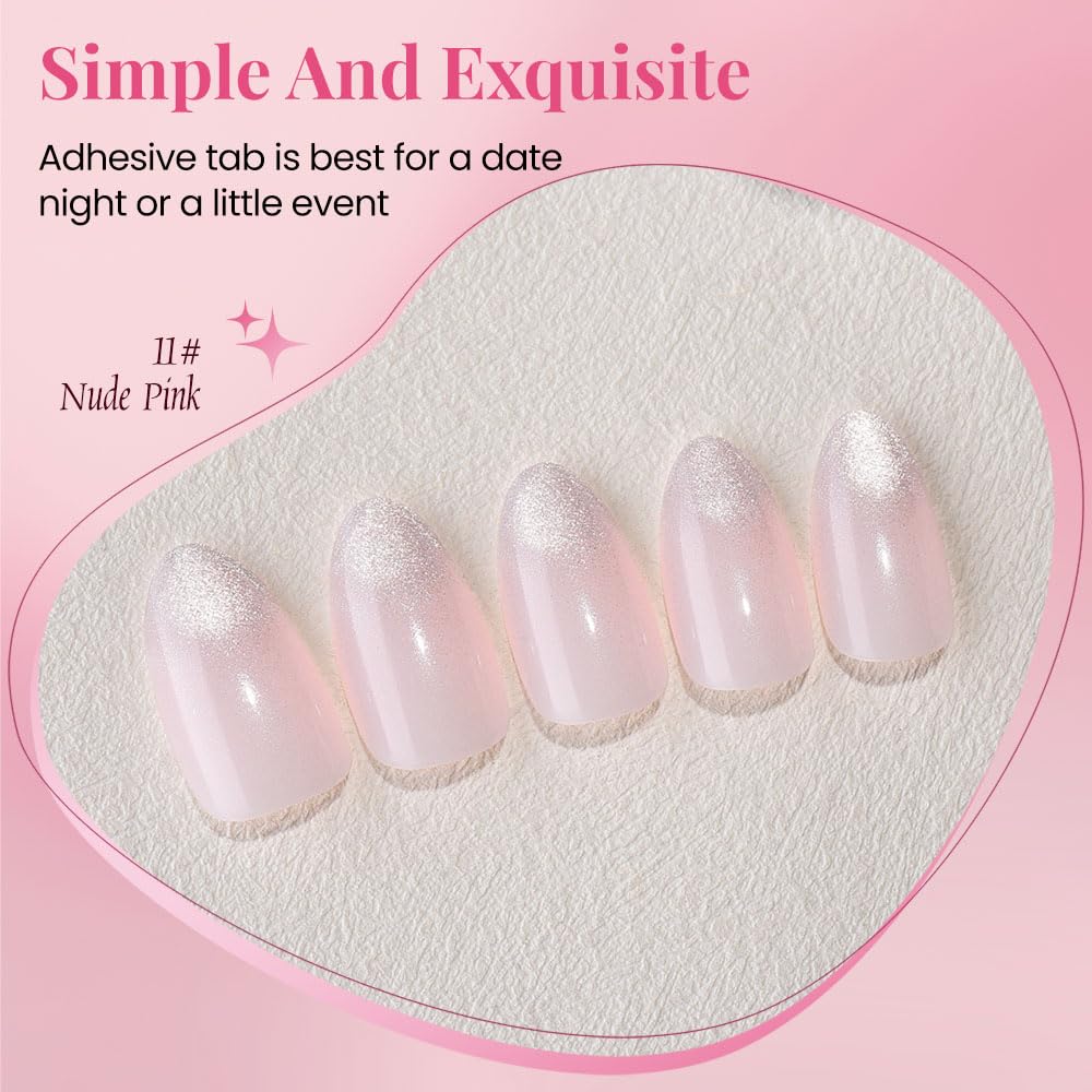 Cat Eye Press on Nails Short Almond - Nude Pink Shimmer Glossy French Tip Press on Nails for Gift, Soft Gel Press Glue On Nail with Nail Glue, Supremely Fit Full Cover Reusable Acrylic Fake Nails Kit