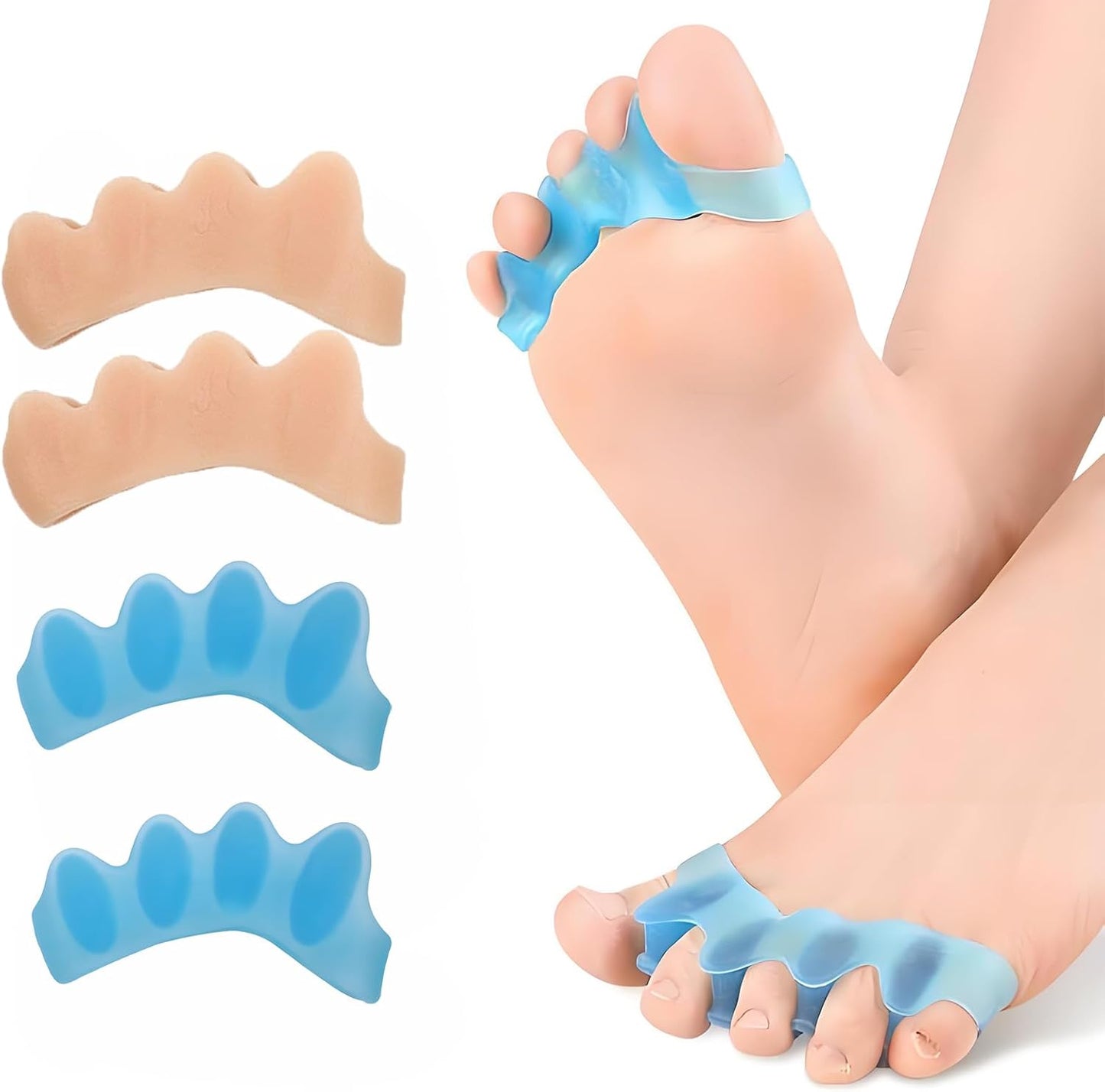 Silicone Toe Spreaders for Men & Women - Correct Curled Toes, Bunion & Hammer Toe Support, Reusable & Washable Adjustable Unisex Toe Spacer（4 Pack） (Skin Tone + Blue)