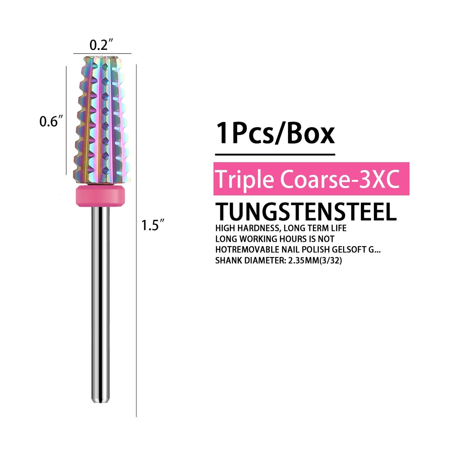 5 in 1 Nail Drill Bits,Rainow Two Way Rotate use for Both Left and Right Handed,Multi-Function Tapered 3/32 Inch Nail Bit for Fast Remove Acrylic Gel Nail (3XC, Rainbow)