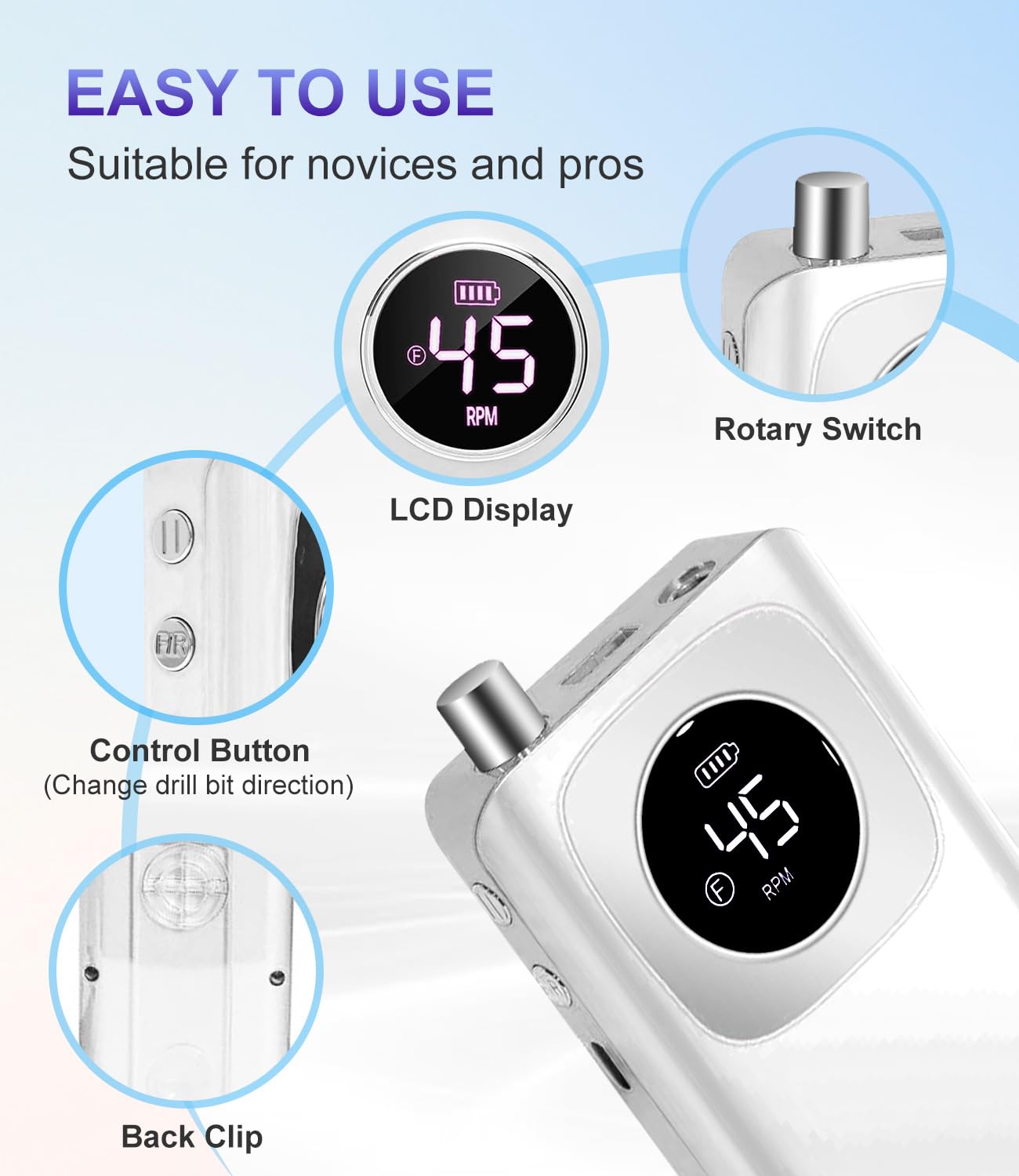 Portable Nail Drill Professional 45000 RPM, Rechargeable Electric Nail File Machine E File for Acrylic Gel Polishing Removing, Cordless E-File with Bits Kit for Manicure Salon Home