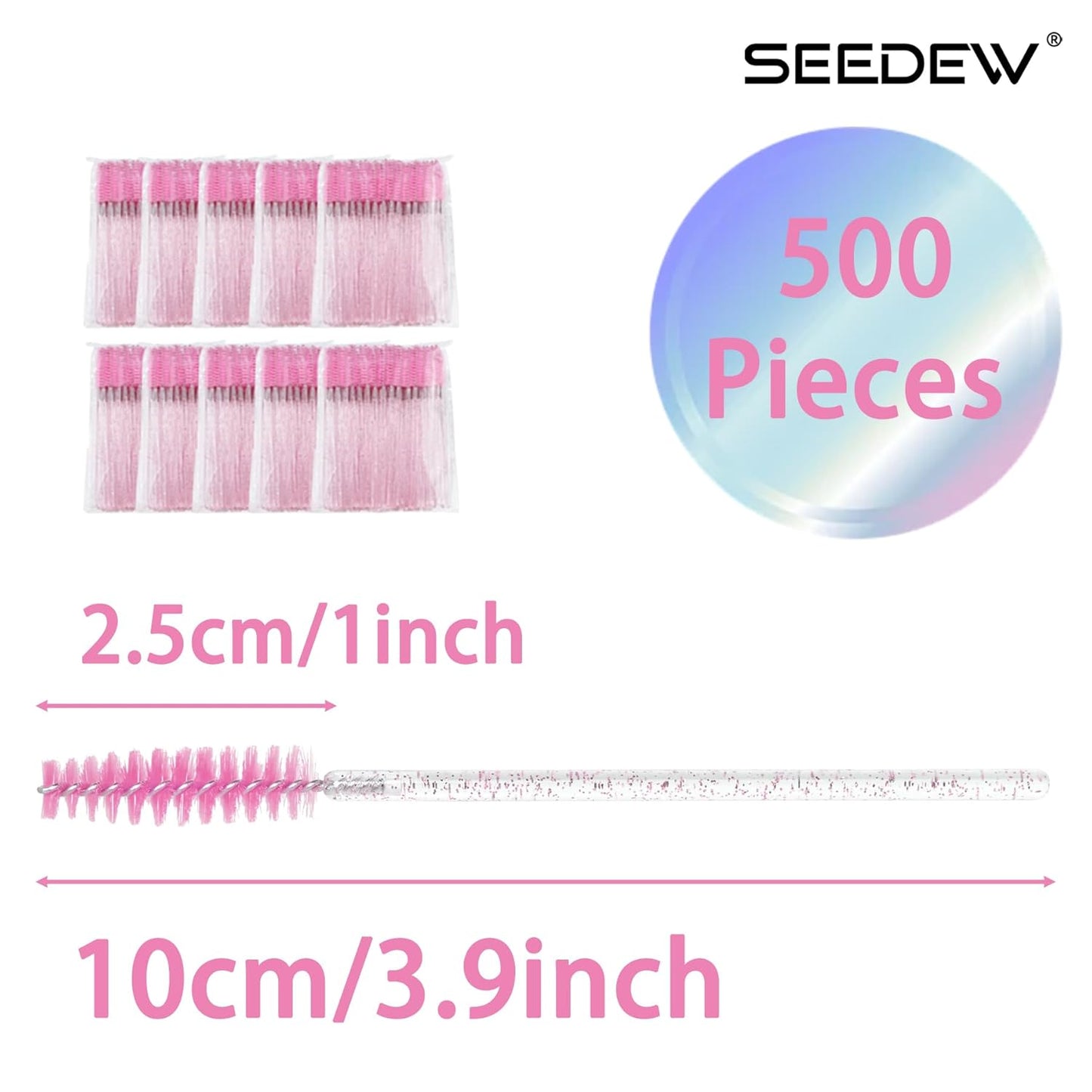 500 Pieces Eyelashes/Eyebrows Brushes, 10CM Lash Removal Cleaning Tools, Crystal Handle, Makeup Tools Mascara Wands(Simple Packaging)-(Crystal Pink)